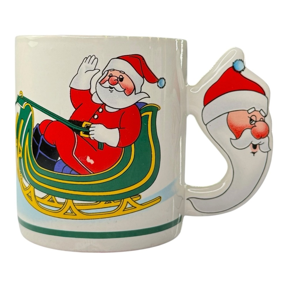 Vintage 1987 The Love Mug Christmas Santa Sleigh Reindeer Figural Handle Korea